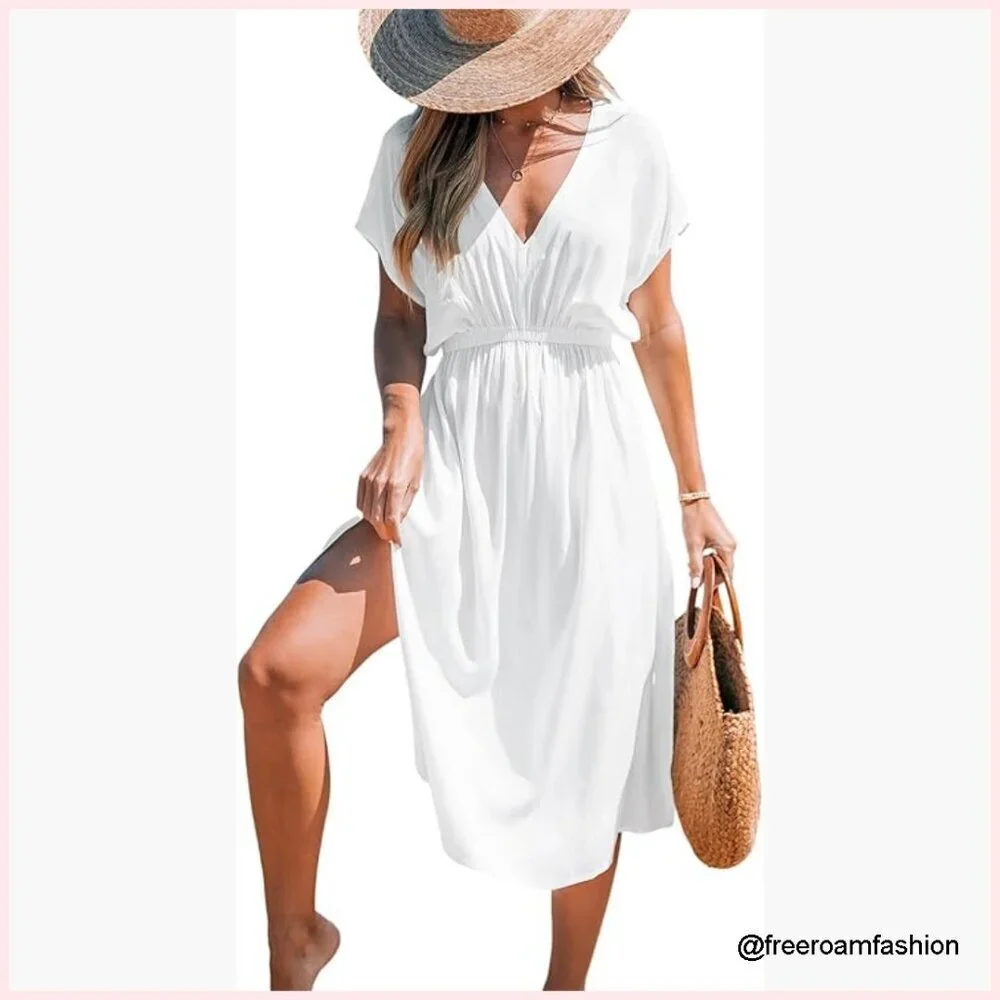V-Neck Short Sleeve Midi Coverup Dress, 100% Rayon, Loose Fit, Beach Vacation